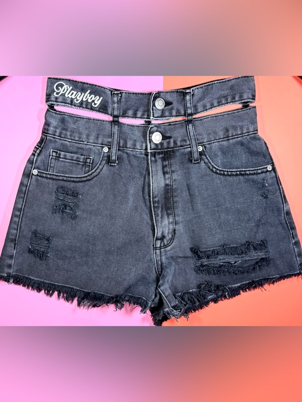 PacSun Playboy Black Distressed Cutout Waist Denim Shorts